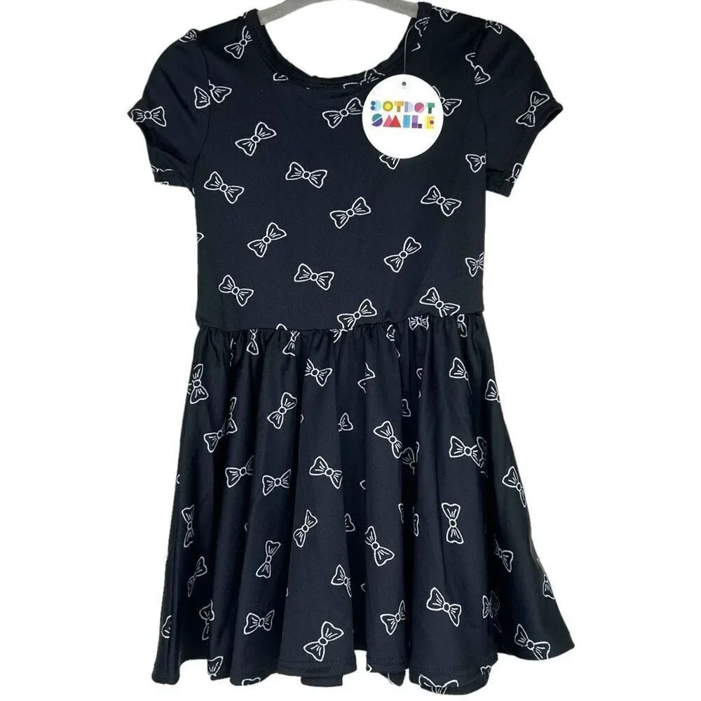 NEW Dot Dot Smile White Bow Black Cap Sleeve Dress 12-24M